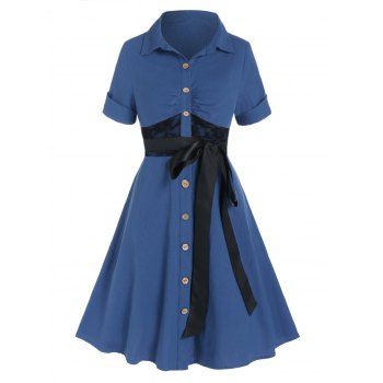 Casual Shirt Dress Lace Panel Belted Turn Down Collar Button-up Summer A Line Mini Dress, Deep blue
Casual Shirt Dress Lace Panel Belted Turn Down Collar Button-up Summer A Line Mini Dress, Deep blue