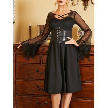 Gothic Dress See Thru Lace Panel Flare Sleeve Dress Crossover A Line Dress, Black
Gothic Dress See Thru Lace Panel Flare Sleeve Dress Crossover A Line Dress, Black