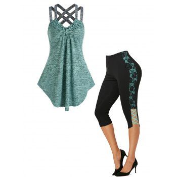 Space Dye Print Strappy Tank Top And Lattice Floral Lace Panel Skinny Capri Leggings Outfit, Multicolor
Space Dye Print Strappy Tank Top And Lattice Floral Lace Panel Skinny Capri Leggings Outfit, Multicolor