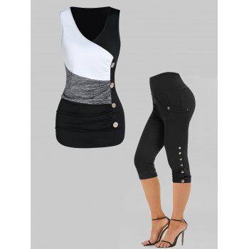 Mock Button Colorblock Ruched Tank Top And Plain Color High Waist Capri Outfit, Black
Mock Button Colorblock Ruched Tank Top And Plain Color High Waist Capri Outfit, Black