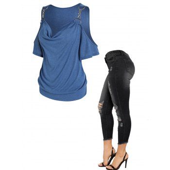 Plain Color Draped Cowl Neck Short Sleeve T Shirt And Ripped Zipper Fly Frayed Hem Jeans Outfit, Multicolor
Plain Color Draped Cowl Neck Short Sleeve T Shirt And Ripped Zipper Fly Frayed Hem Jeans Outfit, Multicolor