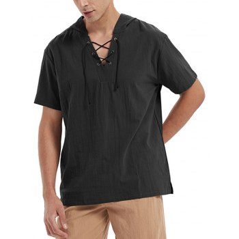 Lace Up Pure Color Hooded Shirt Short Sleeve Side Slit Drop Shoulder Pullover Shirt, Night
Lace Up Pure Color Hooded Shirt Short Sleeve Side Slit Drop Shoulder Pullover Shirt, Night
