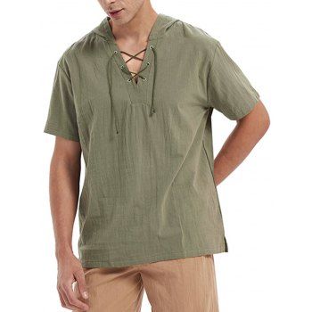 

Lace Up Pure Color Hooded Shirt Short Sleeve Side Slit Drop Shoulder Pullover Shirt, Pine green