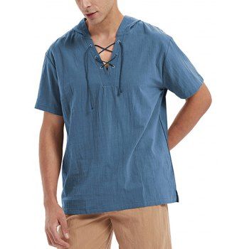 Lace Up Pure Color Hooded Shirt Short Sleeve Side Slit Drop Shoulder Pullover Shirt, Silk blue
Lace Up Pure Color Hooded Shirt Short Sleeve Side Slit Drop Shoulder Pullover Shirt, Silk blue