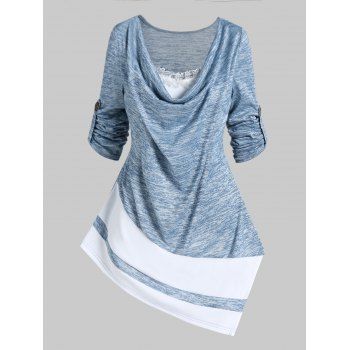 

Colorblock Space Dye Print Asymmetric T Shirt Cowl Collar Pointed Hem Roll Up Sleeve T-shirt Lace Ruffled Casaul Tee, Light blue
