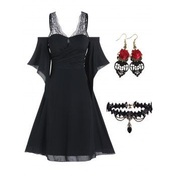 Floral Lace Insert Crossover Butterfly Sleeve A Line Mini Dress And Lace Choker Necklace Earrings Set, Black
Floral Lace Insert Crossover Butterfly Sleeve A Line Mini Dress And Lace Choker Necklace Earrings Set, Black