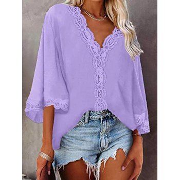 Drop Shoulder Blouse Lace Trim V Neck Blouse Three Quarter Sleeve Casual Blouse, Light purple
Drop Shoulder Blouse Lace Trim V Neck Blouse Three Quarter Sleeve Casual Blouse, Light purple
