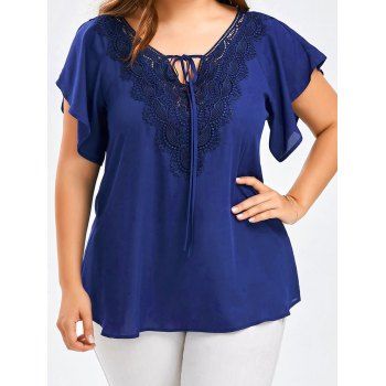Plus Size T Shirt Hollow Out Lace Insert Solid Color Tied Front Flutter Sleeve Casual Summer Tee, Deep blue
Plus Size T Shirt Hollow Out Lace Insert Solid Color Tied Front Flutter Sleeve Casual Summer Tee, Deep blue