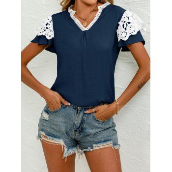Contrast Flower Crochet Lace Embellishment Blouse Short Sleeve V Neck Curved Hem Blouse, Deep blue
Contrast Flower Crochet Lace Embellishment Blouse Short Sleeve V Neck Curved Hem Blouse, Deep blue