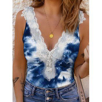 Tie Dye Tank Top Textured Floral Lace Insert Plunging Neck Summer Casual Top, Blue
Tie Dye Tank Top Textured Floral Lace Insert Plunging Neck Summer Casual Top, Blue