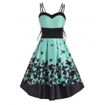 Casual Sundress Colorblock Dress Butterfly Print Lace Up High Waisted A Line Mini Dress, Green
Casual Sundress Colorblock Dress Butterfly Print Lace Up High Waisted A Line Mini Dress, Green