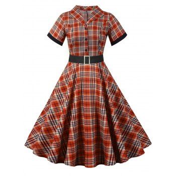 Vintage Dress Plaid Print Dress Belted Half Button Turn Down Collar A Line Midi Dress, Red
Vintage Dress Plaid Print Dress Belted Half Button Turn Down Collar A Line Midi Dress, Red