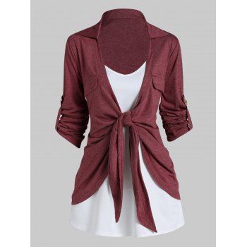 Asymmetric Roll Up Sleeve Mock Pocket Heathered Knot Top And Basic Camisole Contrast Two Piece Set, Deep red
Asymmetric Roll Up Sleeve Mock Pocket Heathered Knot Top And Basic Camisole Contrast Two Piece Set, Deep red