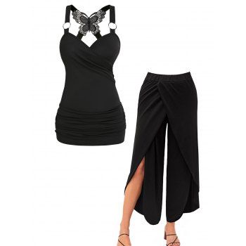 Ruched Butterfly Lace O Ring Surplice Tank Top And Solid Color Slit Wide Leg Pants Casual Outfit, Black
Ruched Butterfly Lace O Ring Surplice Tank Top And Solid Color Slit Wide Leg Pants Casual Outfit, Black