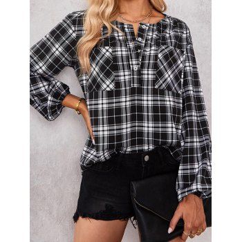 Plaid Print Shirt Half Button Front Pocket Round Neck Long Sleeve Casual Shirt, Black
Plaid Print Shirt Half Button Front Pocket Round Neck Long Sleeve Casual Shirt, Black