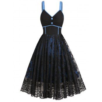 Casual Dress Floral Lace Dress Contrast Pipe Mock Button High Waist A Line Midi Dress, Black
Casual Dress Floral Lace Dress Contrast Pipe Mock Button High Waist A Line Midi Dress, Black