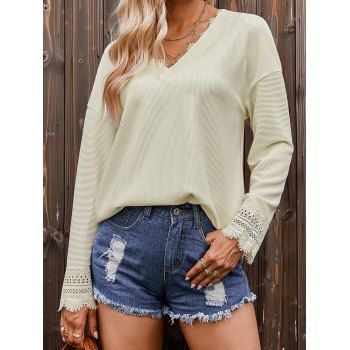 Knit Sweater Solid Color Ribbed Hollow Out Lace Panel Long Sleeve Casual Sweater, Light yellow
Knit Sweater Solid Color Ribbed Hollow Out Lace Panel Long Sleeve Casual Sweater, Light yellow