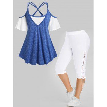 Plus Size Strappy Space Dye Cold Shoulder T Shirt And Lace Up Eyelet Capri Leggings Casual Outfit, Multicolor
Plus Size Strappy Space Dye Cold Shoulder T Shirt And Lace Up Eyelet Capri Leggings Casual Outfit, Multicolor