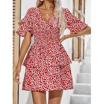 Tiny Floral Print Mini Dress Smocked Waist Layered Cottagecore Dress Low Cut Knot A Line Dress, Red
Tiny Floral Print Mini Dress Smocked Waist Layered Cottagecore Dress Low Cut Knot A Line Dress, Red