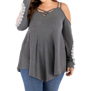 Cold Shoulder Asymmetric Knit T Shirt Contrast Flower Lace Applique T-shirt Crisscross Dual Straps Knitted Tee, Dark gray
Cold Shoulder Asymmetric Knit T Shirt Contrast Flower Lace Applique T-shirt Crisscross Dual Straps Knitted Tee, Dark gray