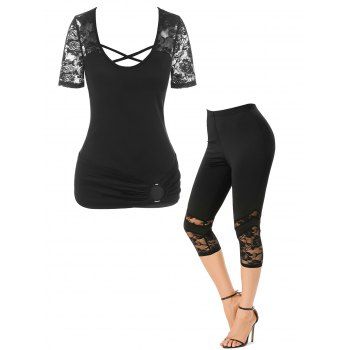 See Thru Flower Lace Panel O Ring Short Sleeve Tee And Skinny High Waist Capri Leggings Gothic Outfit, Black
See Thru Flower Lace Panel O Ring Short Sleeve Tee And Skinny High Waist Capri Leggings Gothic Outfit, Black