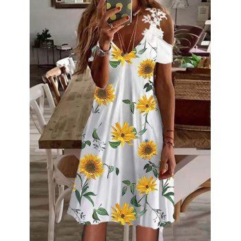 Cold Shoulder Dress A Line Dress Sunflower Print Guipure Flower Lace Midi Dress, White
Cold Shoulder Dress A Line Dress Sunflower Print Guipure Flower Lace Midi Dress, White