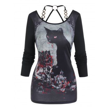 Gothic T Shirt Cat Blood Rose Print O Ring Cut Out Long Sleeve Casual Halloween Tee, Black
Gothic T Shirt Cat Blood Rose Print O Ring Cut Out Long Sleeve Casual Halloween Tee, Black