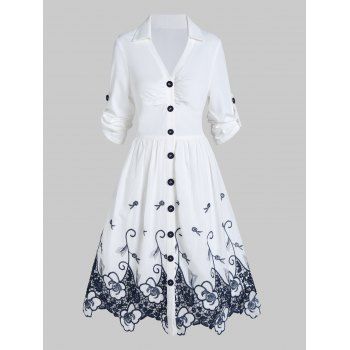 Contrast Flower Embroidery Shirt Dress Button Up Casual A Line Dress Ruched Bust Long Sleeve Dress, White
Contrast Flower Embroidery Shirt Dress Button Up Casual A Line Dress Ruched Bust Long Sleeve Dress, White