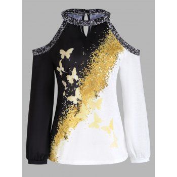 Colorblock T Shirt Cold Shoulder T Shirt Butterfly Printed Keyhole Long Sleeve Tee, Black
Colorblock T Shirt Cold Shoulder T Shirt Butterfly Printed Keyhole Long Sleeve Tee, Black