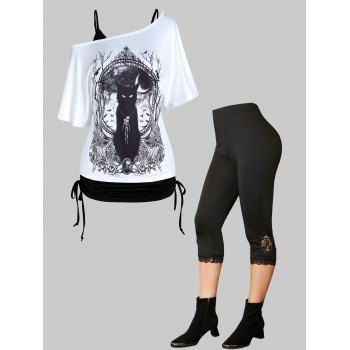 Cinched Tank Top Mirror Cat Print T Shirt Two Piece Top And Embroidery Applique Lace Cropped Leggings Gothic Outfit, Multicolor
Cinched Tank Top Mirror Cat Print T Shirt Two Piece Top And Embroidery Applique Lace Cropped Leggings Gothic Outfit, Multicolor