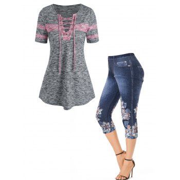 Lace Up Space Dye Contrast Stripe Print Short Sleeve T Shirt And Flower Faux Denim 3D Print Capri Jeggings Outfit, Multicolor
Lace Up Space Dye Contrast Stripe Print Short Sleeve T Shirt And Flower Faux Denim 3D Print Capri Jeggings Outfit, Multicolor