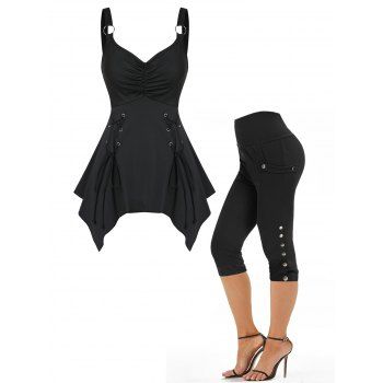 Lace Up Ruched Handkerchief Tank Top And Mock Button Pockets Capri Pants Gothic Outfit, Black
Lace Up Ruched Handkerchief Tank Top And Mock Button Pockets Capri Pants Gothic Outfit, Black