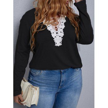 Plus Size & Curve T Shirt Contrast Flower Lace Crisscross Applique T-shirt Long Sleeve Tee, Black
Plus Size & Curve T Shirt Contrast Flower Lace Crisscross Applique T-shirt Long Sleeve Tee, Black
