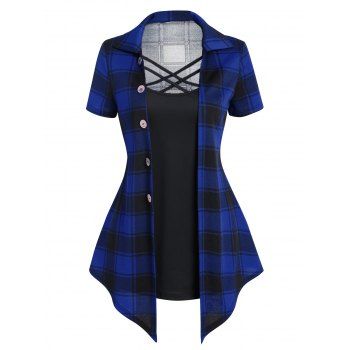 Casual Faux Twinset T Shirt Crisscross Plaid Print Mock Button Turn Down Collar Summer Tee, Blue
Casual Faux Twinset T Shirt Crisscross Plaid Print Mock Button Turn Down Collar Summer Tee, Blue