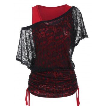 Gothic T Shirt Colorblock Faux Twinset T Shirt Cinched Skull Lace Skew Neck Longline Tee, Deep red
Gothic T Shirt Colorblock Faux Twinset T Shirt Cinched Skull Lace Skew Neck Longline Tee, Deep red