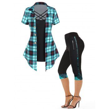 Plaid Print Colorblock Asymmetric Crisscross Mock Button Faux Twinset T Shirt And High Waist Cropped Leggings Outfit, Multicolor
Plaid Print Colorblock Asymmetric Crisscross Mock Button Faux Twinset T Shirt And High Waist Cropped Leggings Outfit, Multicolor