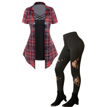 Plaid Print Asymmetric Crisscross Short Sleeve T Shirt And Flower Lace Insert High Waist Gothic Pants Outfit, Multicolor
Plaid Print Asymmetric Crisscross Short Sleeve T Shirt And Flower Lace Insert High Waist Gothic Pants Outfit, Multicolor