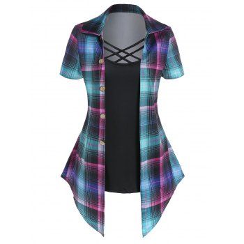 Vintage Faux Twinset T Shirt Plaid Print Crisscross Pointed Hem Casual Tee, Black
Vintage Faux Twinset T Shirt Plaid Print Crisscross Pointed Hem Casual Tee, Black