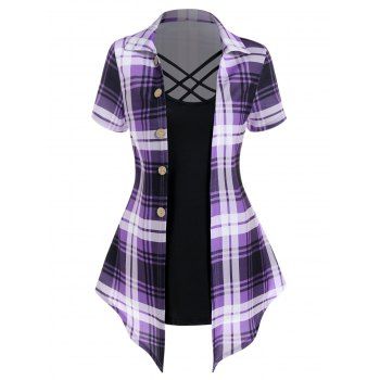 Casual Faux Twinset T Shirt Crisscross Plaid Print Mock Button Turn Down Collar Summer Tee, Purple
Casual Faux Twinset T Shirt Crisscross Plaid Print Mock Button Turn Down Collar Summer Tee, Purple
