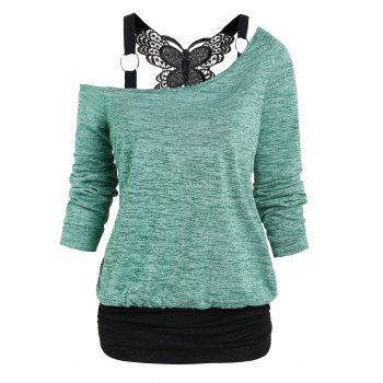 Colorblock Faux Twinset T Shirt Space Dye Butterfly Lace Ruched Skew Neck Twofer Tee, Light green
Colorblock Faux Twinset T Shirt Space Dye Butterfly Lace Ruched Skew Neck Twofer Tee, Light green