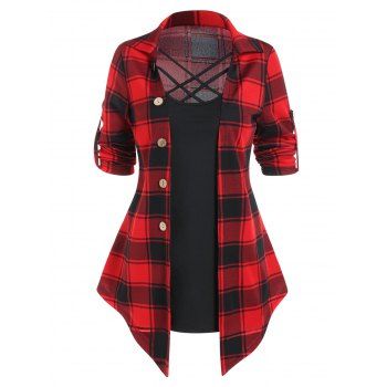 Plaid Print 2 In 1 T Shirt Crisscross Pointed Hem Mock Button Faux Twinset T Shirt, Black
Plaid Print 2 In 1 T Shirt Crisscross Pointed Hem Mock Button Faux Twinset T Shirt, Black