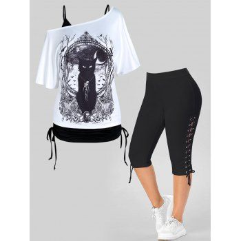 Plus Size Cinched Cami Top Mirror Skeleton Cat Print T Shirt And Lace Up Eyelet Capri Leggings Gothic Outfit, Multicolor
Plus Size Cinched Cami Top Mirror Skeleton Cat Print T Shirt And Lace Up Eyelet Capri Leggings Gothic Outfit, Multicolor