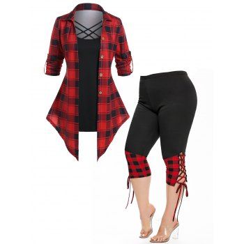 Plus Size Plaid Print Crisscross Faux Twinset T Shirt And Lace Up Leggings Casual Outfit, Multicolor
Plus Size Plaid Print Crisscross Faux Twinset T Shirt And Lace Up Leggings Casual Outfit, Multicolor