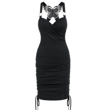 Butterfly Lace Insert Mini Dress Crossover V Neck Ruched Cinched O Ring Straps Bodycon Dress, Black
Butterfly Lace Insert Mini Dress Crossover V Neck Ruched Cinched O Ring Straps Bodycon Dress, Black