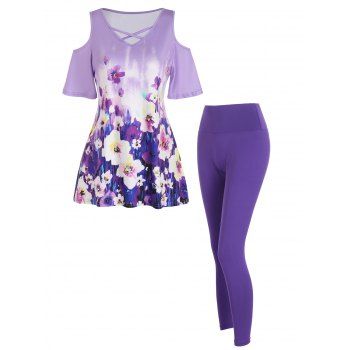 Floral Cold Shoulder Crisscross Cut Out T Shirt And Bowknot Cut Out Leggings Casual Outfit, Purple
Floral Cold Shoulder Crisscross Cut Out T Shirt And Bowknot Cut Out Leggings Casual Outfit, Purple