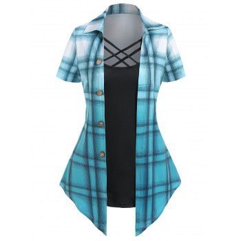 Vintage Faux Twinset T Shirt Plaid Print Crisscross Pointed Hem Casual Tee, Light green
Vintage Faux Twinset T Shirt Plaid Print Crisscross Pointed Hem Casual Tee, Light green
