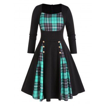 Vintage Faux Twinset Dress Plaid Print Panel Godet Mock Button Long Sleeve A Line Midi Dress, Green
Vintage Faux Twinset Dress Plaid Print Panel Godet Mock Button Long Sleeve A Line Midi Dress, Green