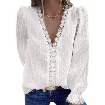 Swiss Dot Blouse Solid Color Striped Print Lace Panel Poet Sleeve Plunging Neck Blouse, White
Swiss Dot Blouse Solid Color Striped Print Lace Panel Poet Sleeve Plunging Neck Blouse, White