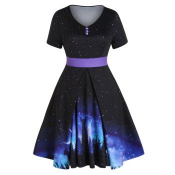 Plus Size Dress Galaxy Starry Night Cat Print Dress Short Sleeve Heart Mock Button Curve Dress, Purple
Plus Size Dress Galaxy Starry Night Cat Print Dress Short Sleeve Heart Mock Button Curve Dress, Purple