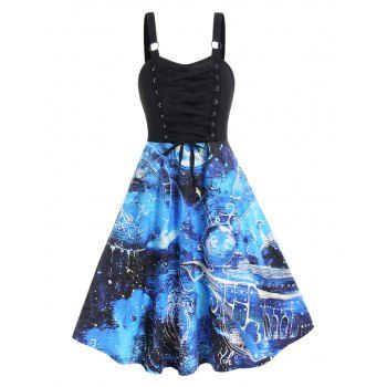 Galaxy Print Combo Dress Lace Up O Ring A Line Dress Sleeveless Backless Dress, Black
Galaxy Print Combo Dress Lace Up O Ring A Line Dress Sleeveless Backless Dress, Black